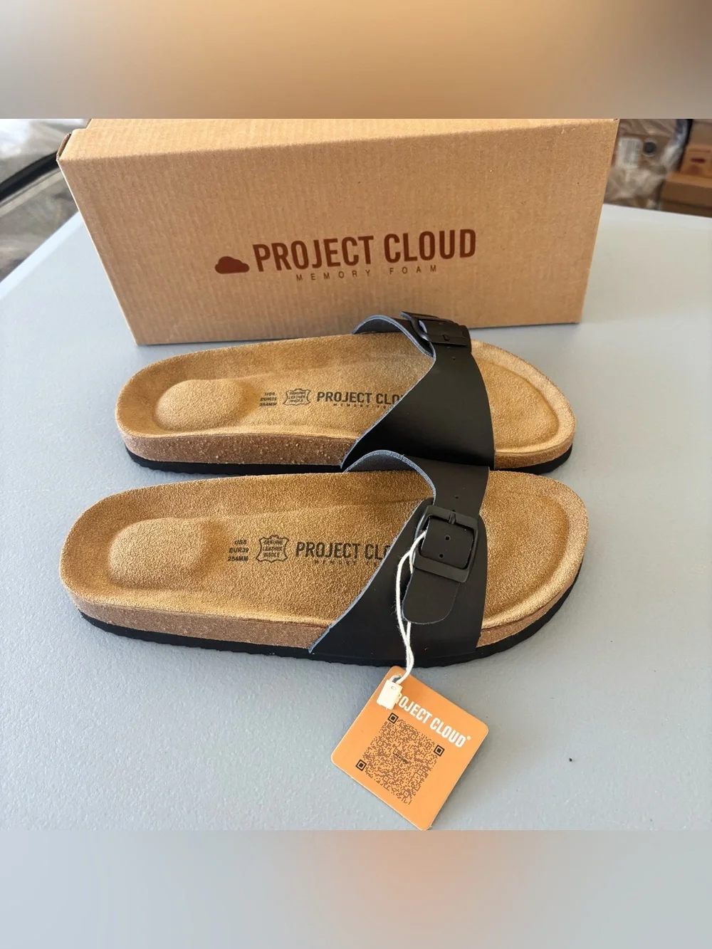 Project Cloud 100% Genuine Leather Madrid Sandals Memory foam insole in black